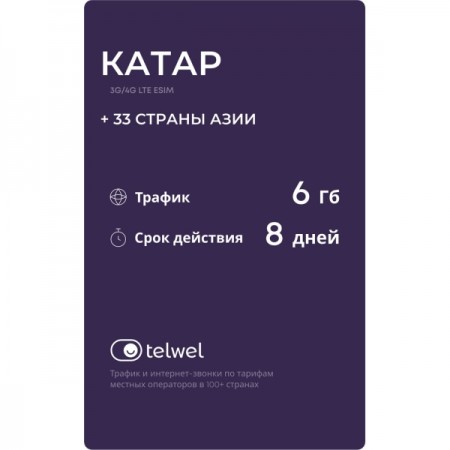 Туристический eSIM Telwel пакет Катар 6Гб 8 дней