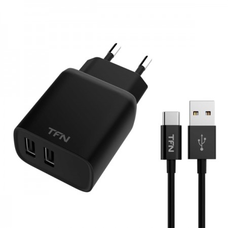 Сетевое зарядное устройство с кабелем TFN Rapid+ 2xUSB 2.4A + кабель USB-C Black