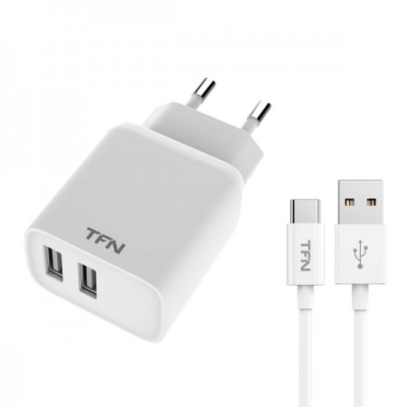 Сетевое зарядное устройство с кабелем TFN Rapid+ 2xUSB 2.4A + кабель USB-C White